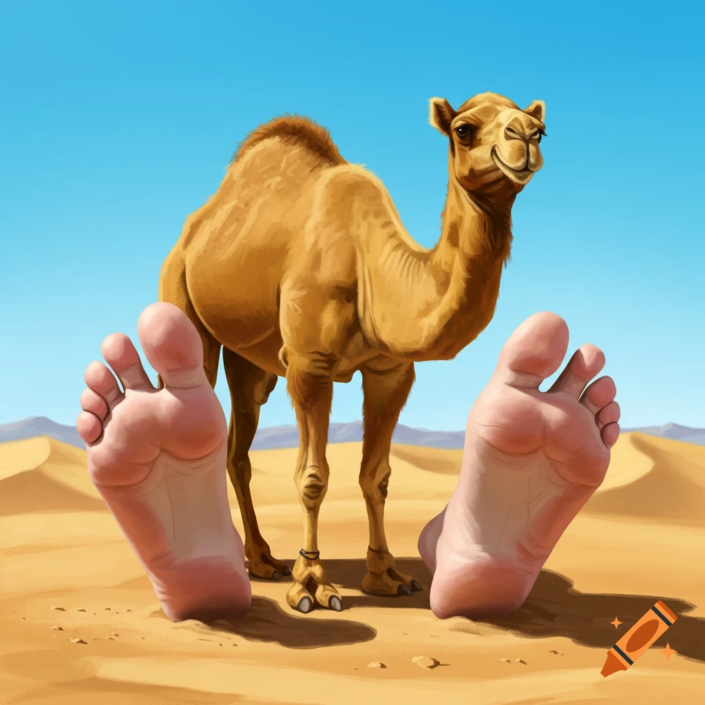 A camel in the desert with huge human feet in the foreground.