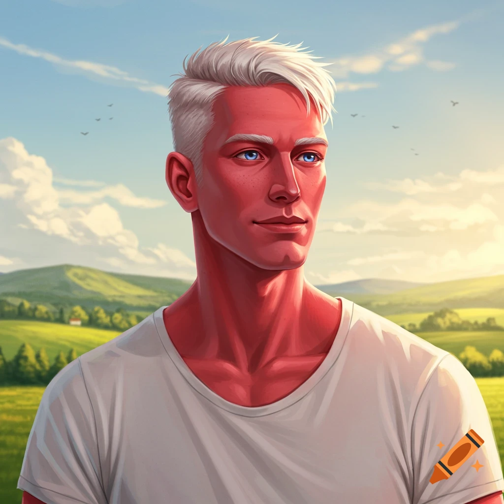 A man with light red skin and white hair is in a green field under a blue sky.