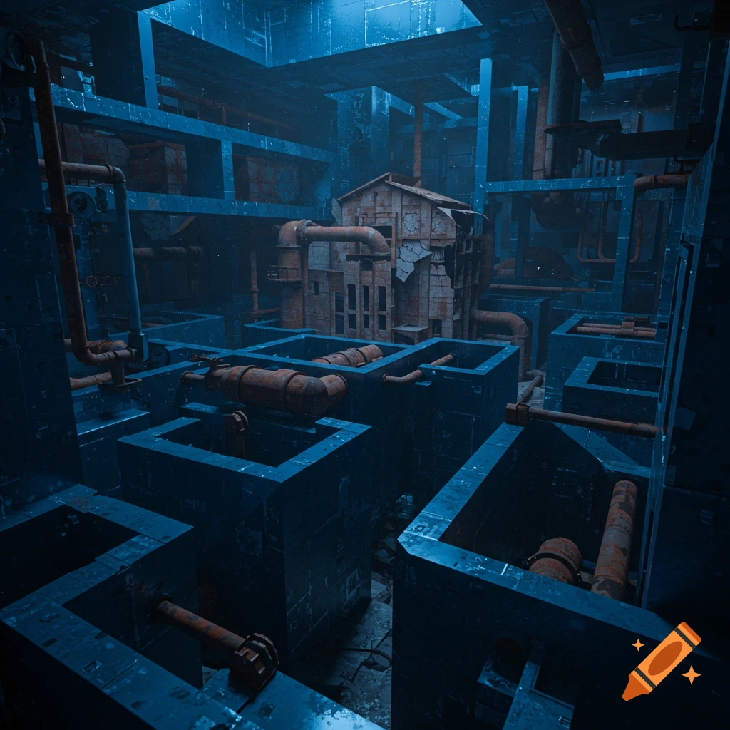 A complex blue metallic maze filled with rusted pipes and a dilapidated building.