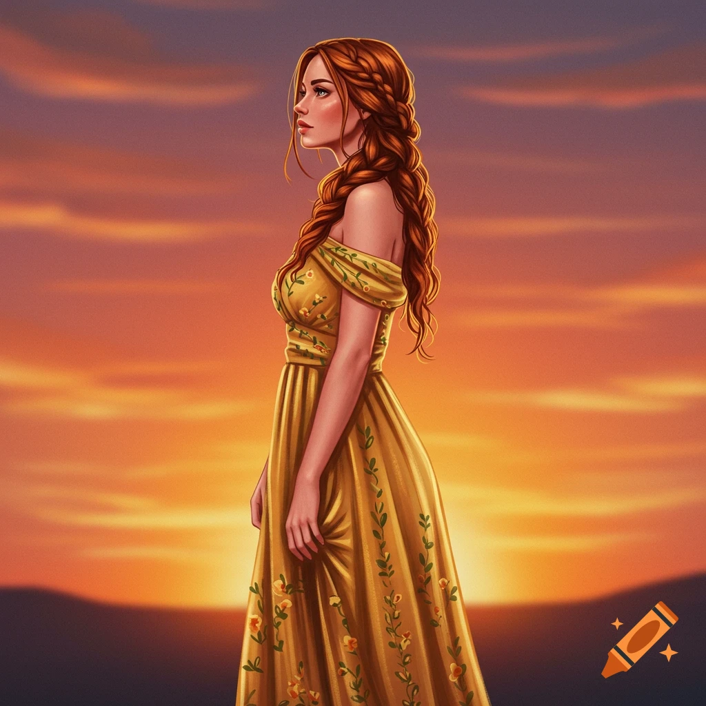 a woman with red braid in a yellow dress at sunset.