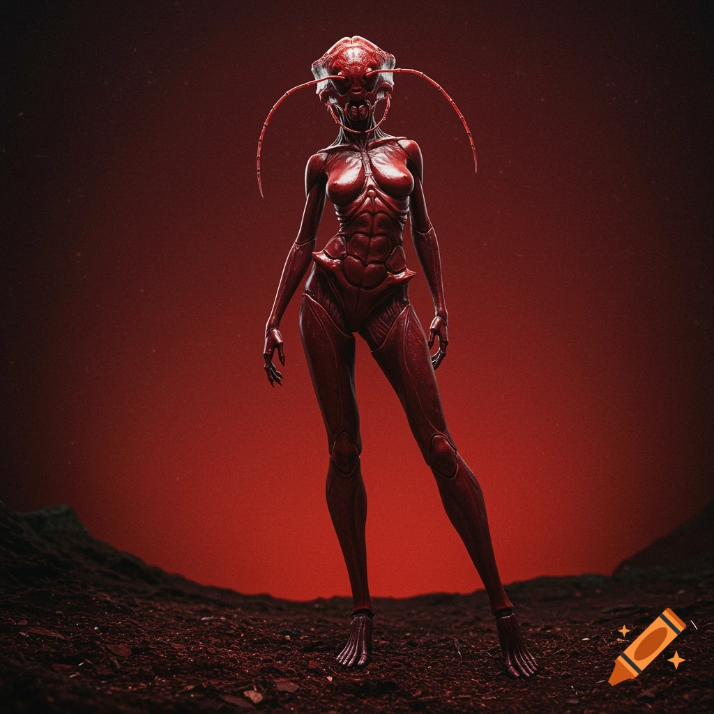 A red, insect-like humanoid creature stands in a desolate landscape.