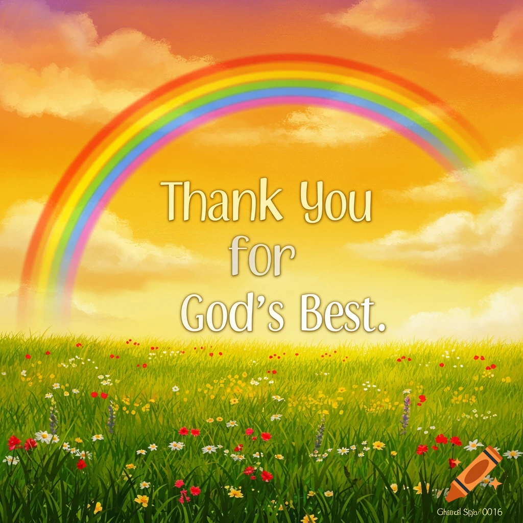 A rainbow stretches over a field of flowers with the text 'Thank You for God's Best.'