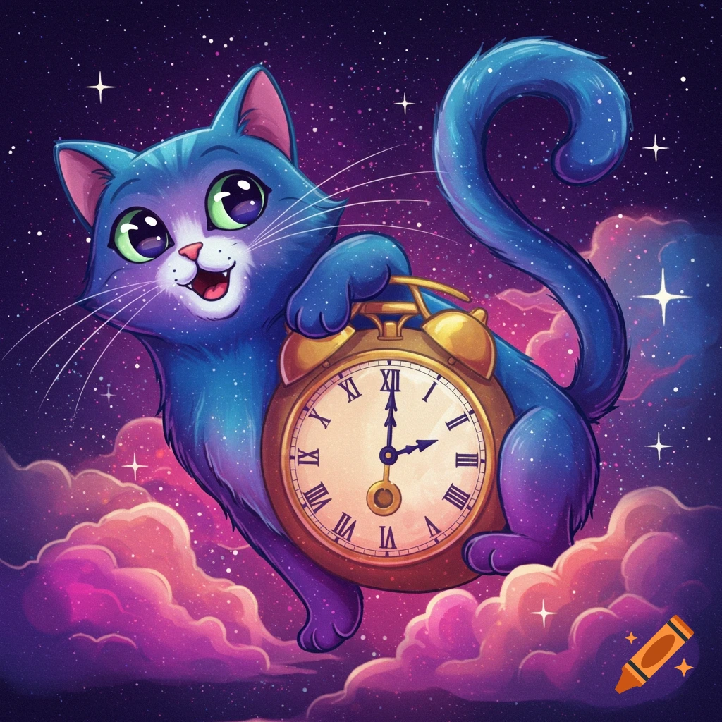 A blue cartoon cat holds a gold alarm clock while sitting on pink clouds in outer space.