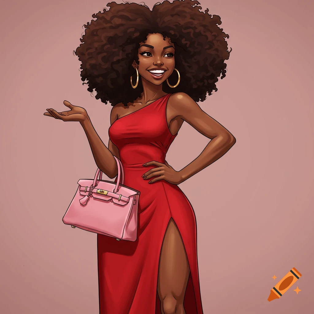 Stylized image of a black woman with an afro in a red dress holding a pink purse.