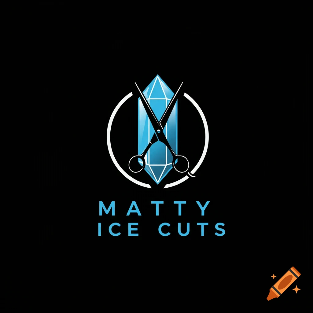 Barber logo with scissors crossing over a blue crystal shape, text says 'MATTY ICE CUTS' on a black background.