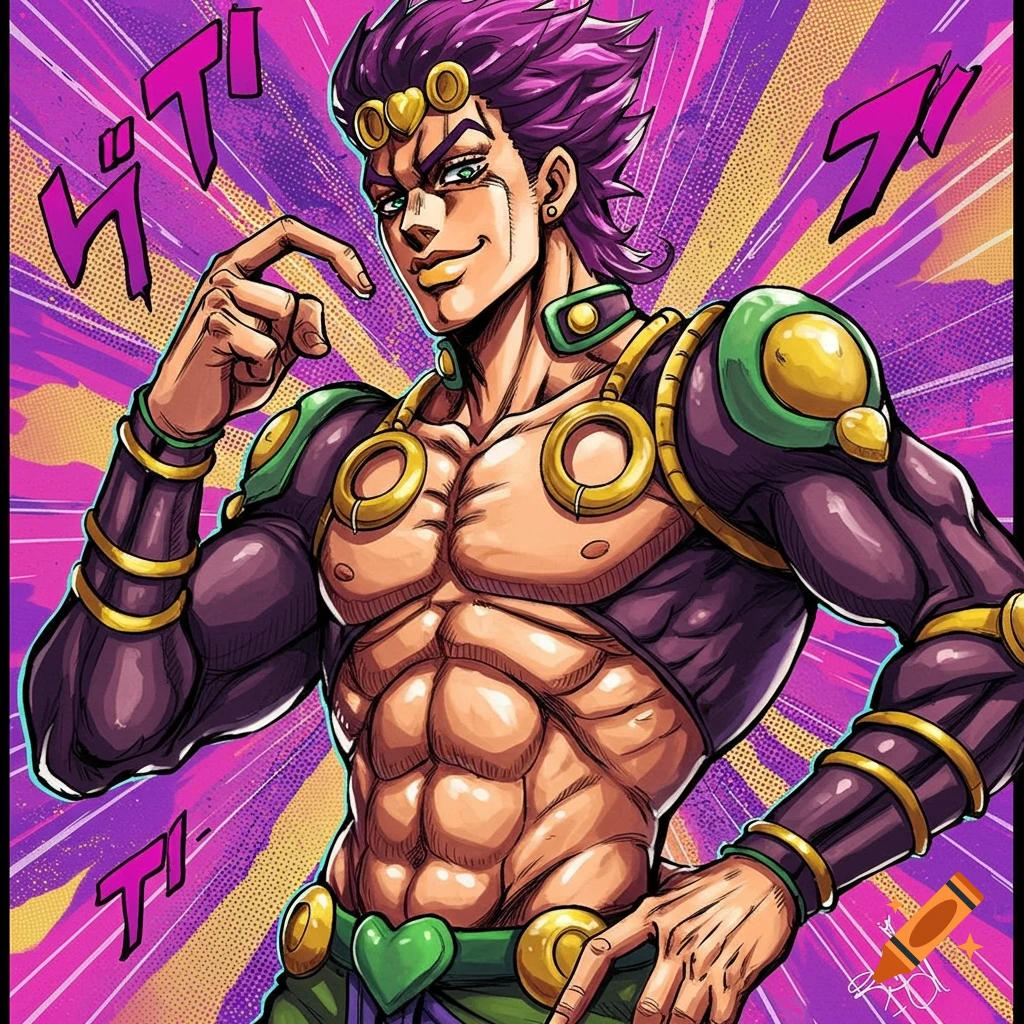 Muscular anime character with purple hair posing against a stylized background with graphic text.