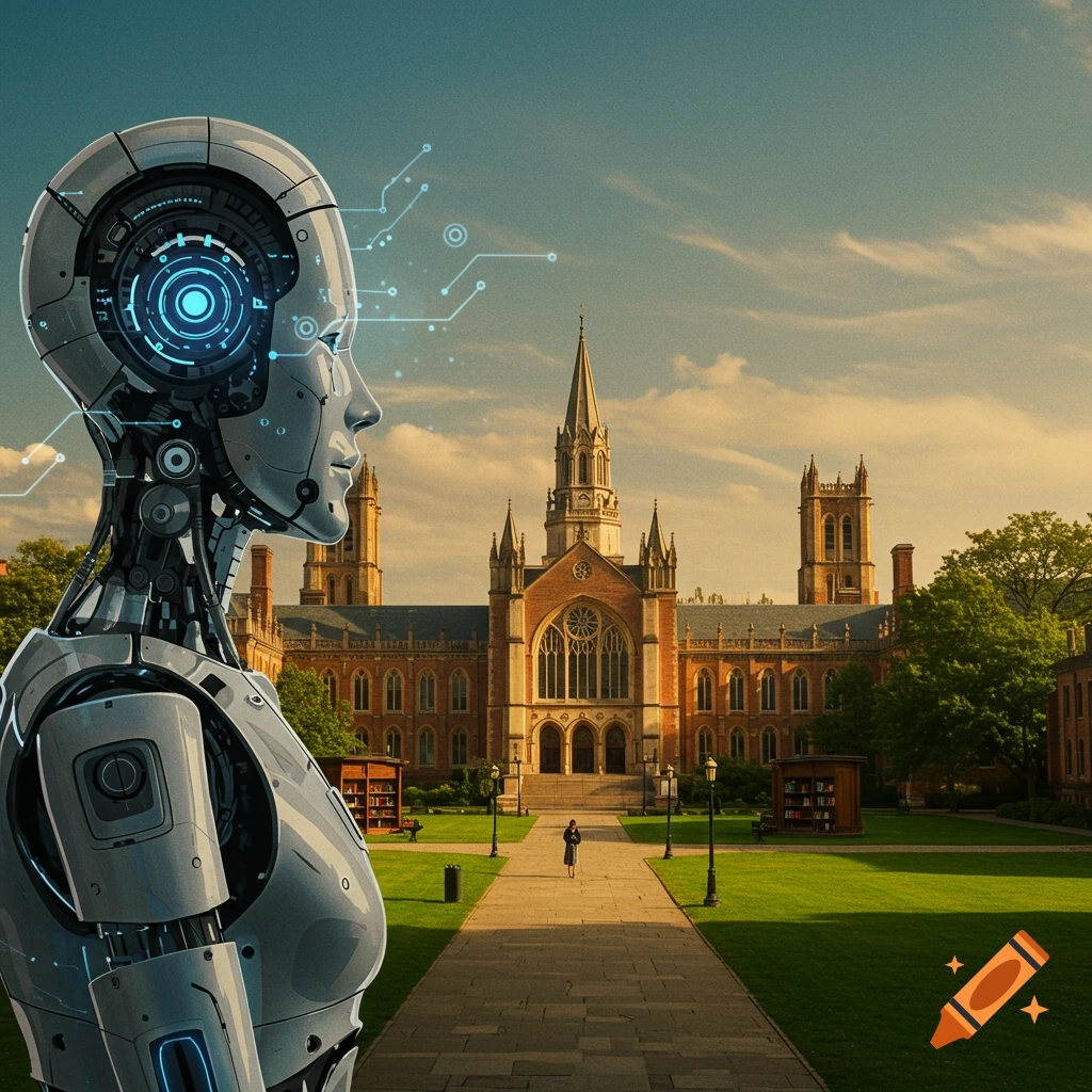 A robot bust in the foreground looks towards a large historic university building.