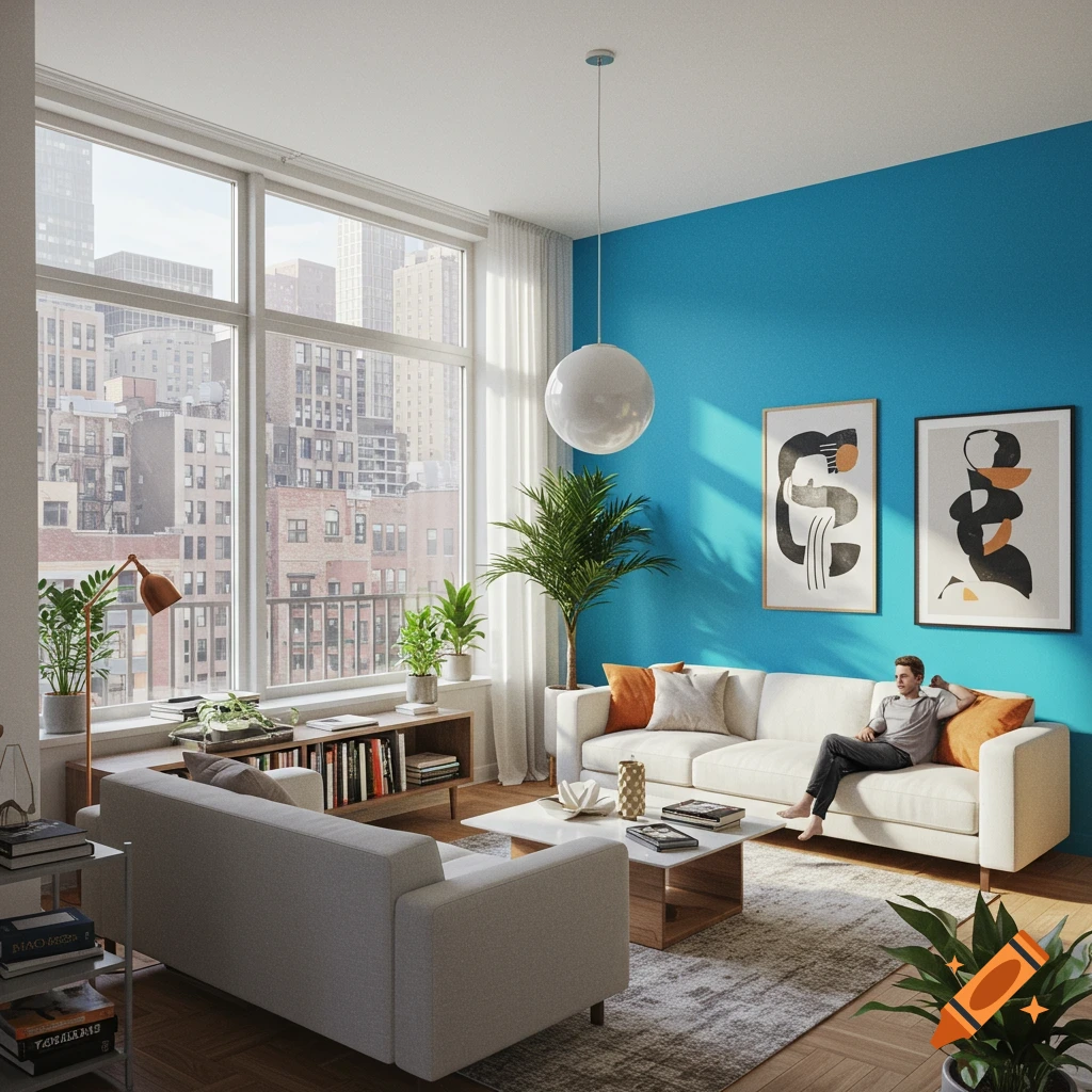 A modern living room with a person sitting on a couch, looking out a large window at a city skyline.