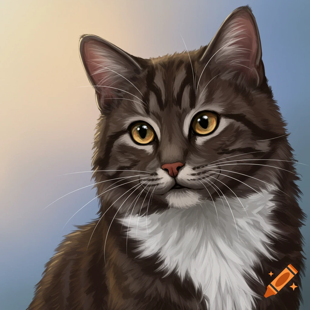 A brown and gray tabby cat with a white chest.