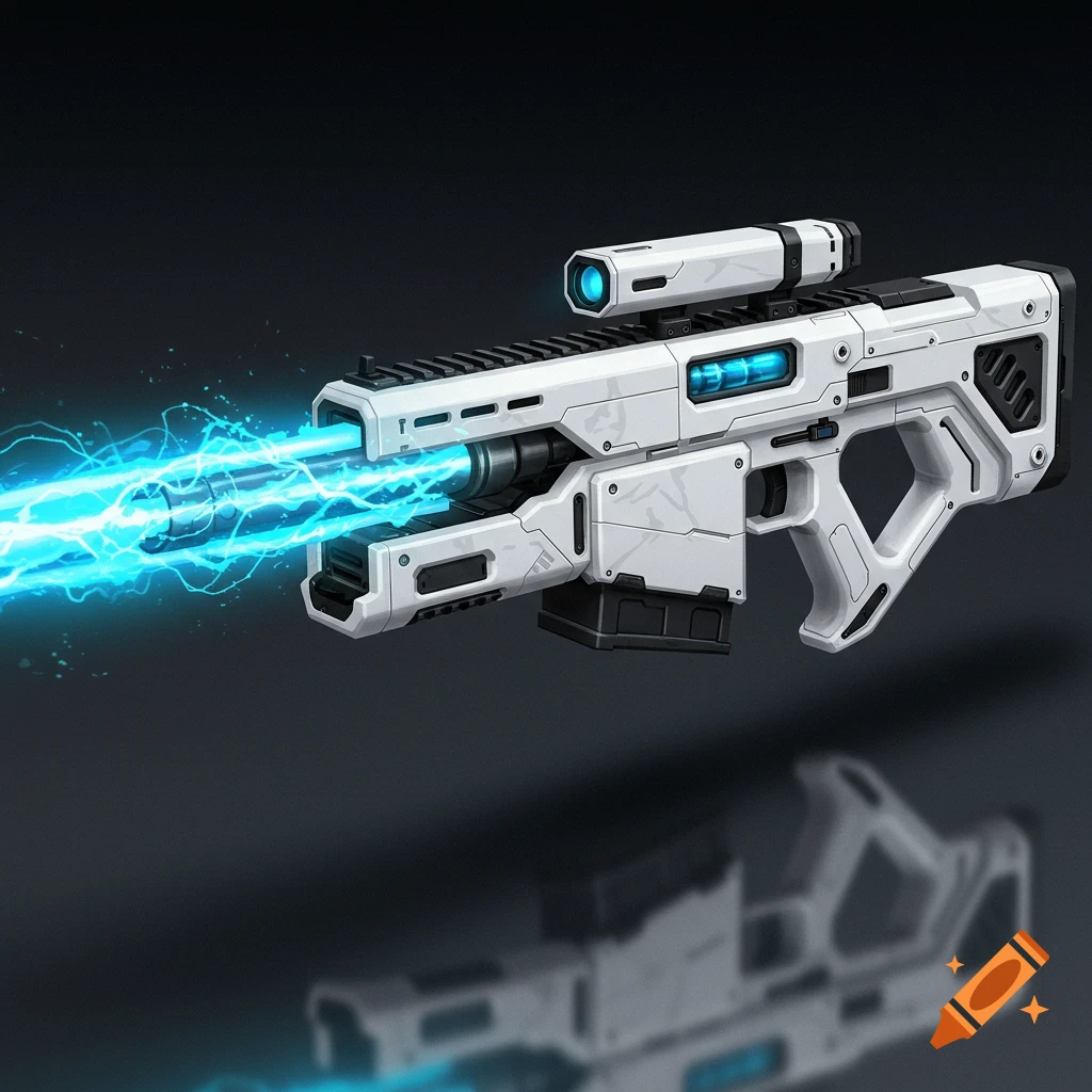 A white futuristic rifle is firing blue energy blasts.