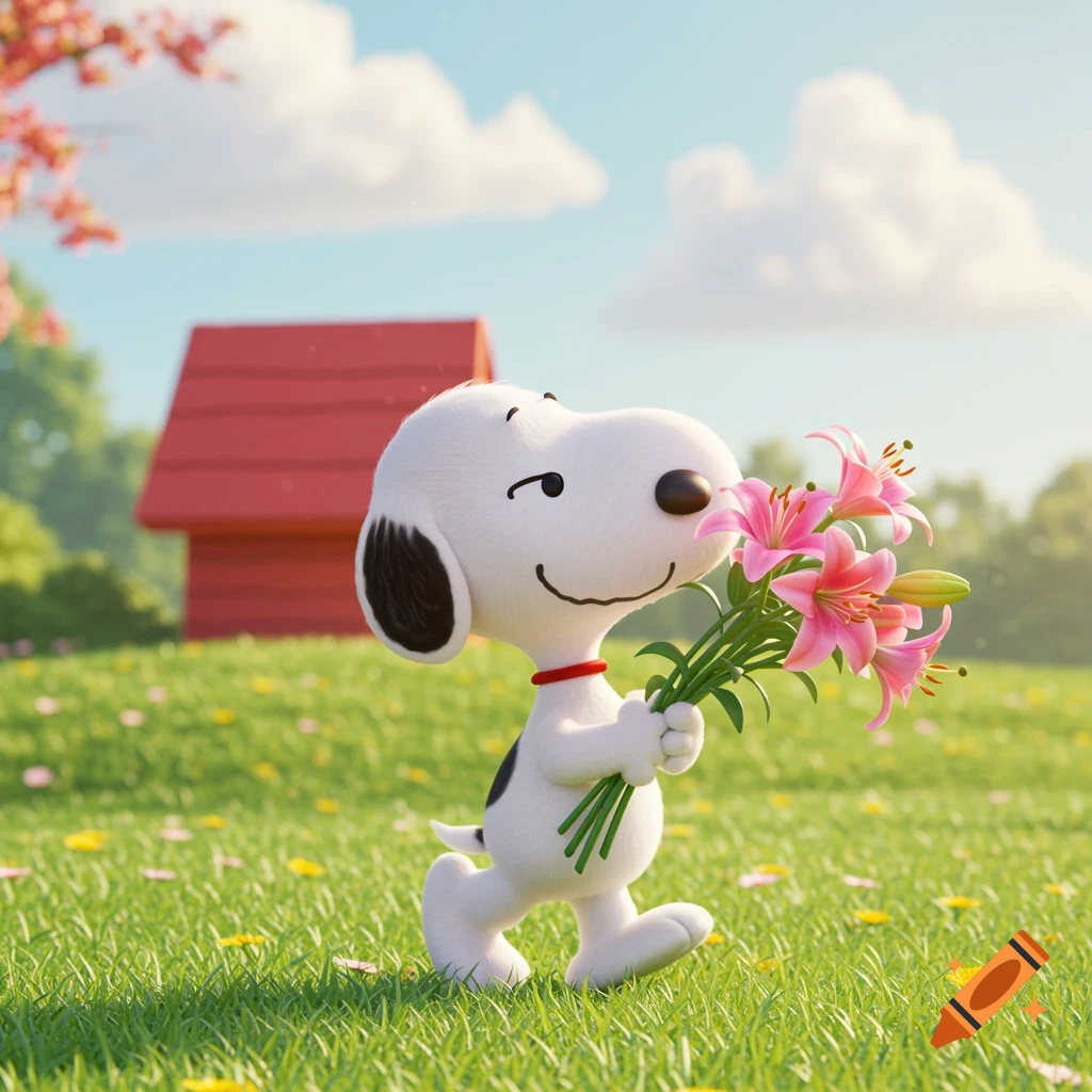 Snoopy holds a bouquet of pink lilies in a grassy field with his red doghouse.