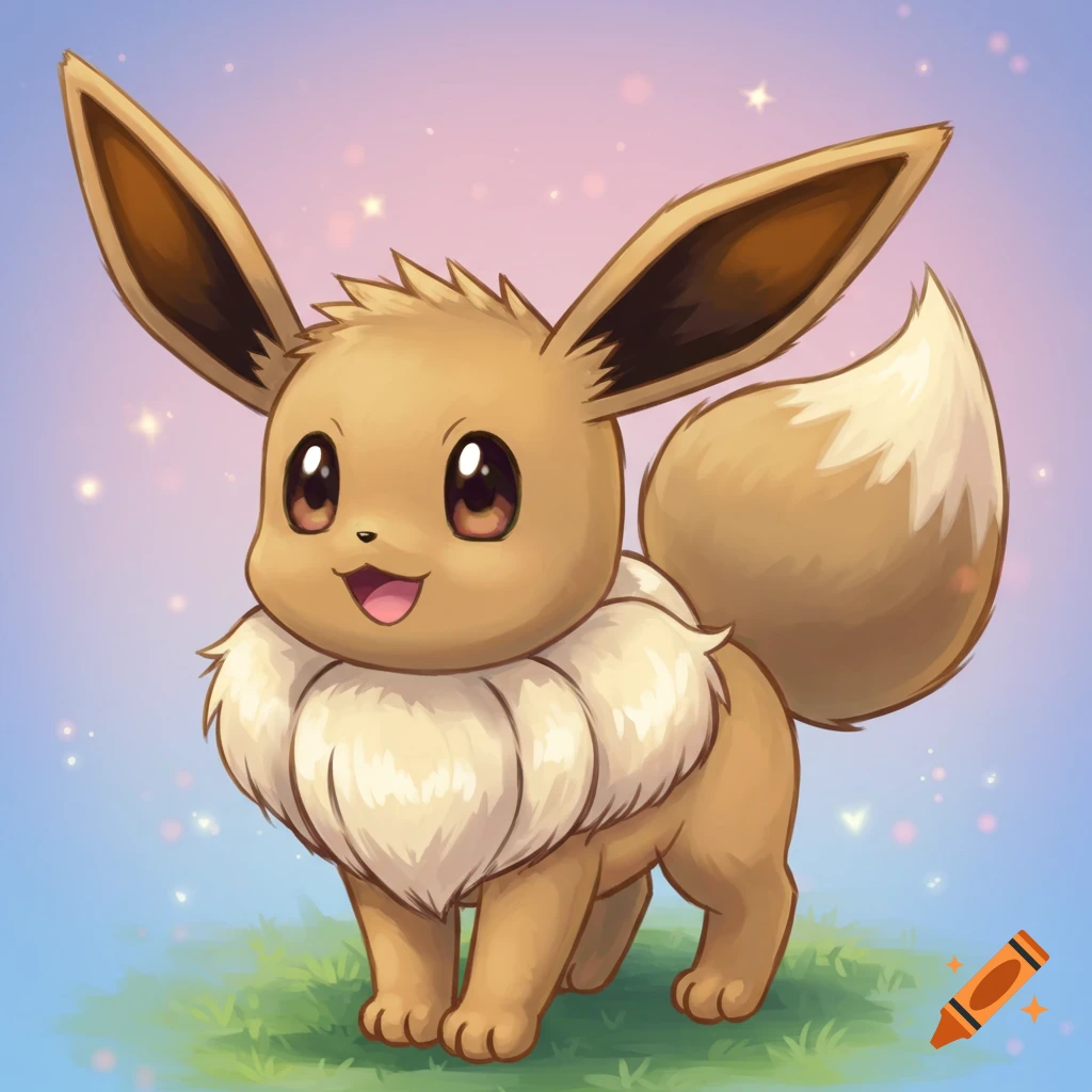 A cute illustration of Eevee standing on grass with a sparkly background.