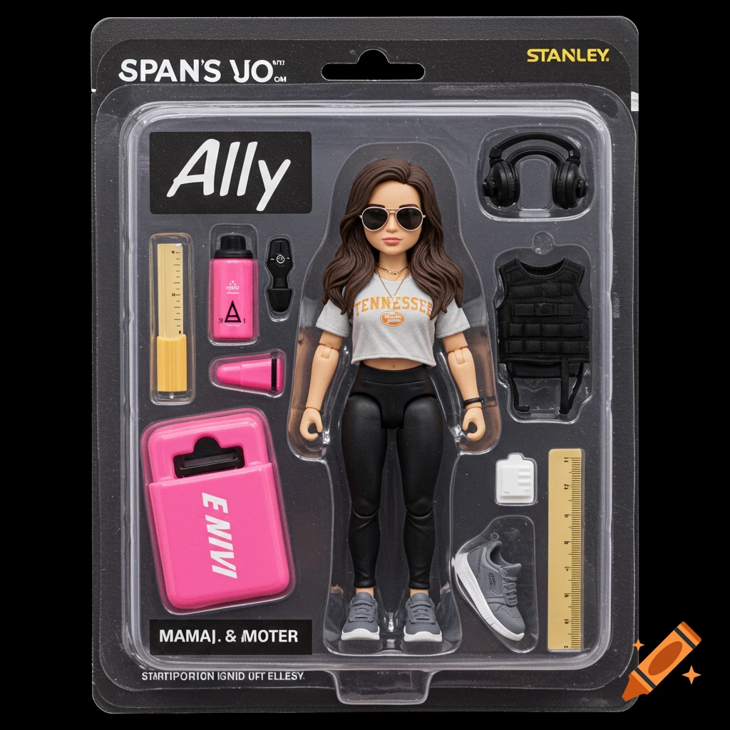 Action figure of a woman in a Tennessee shirt with accessories in blister packaging.