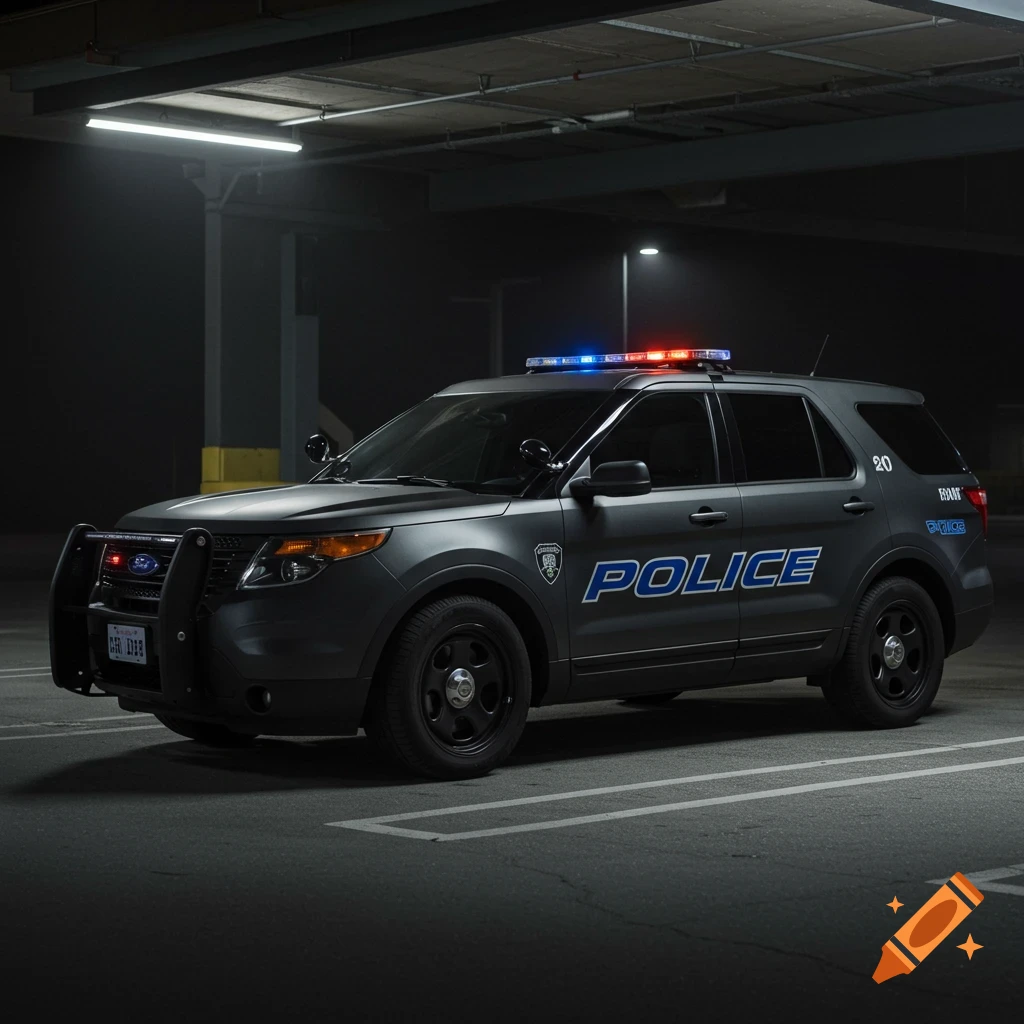 Photorealistic dark grey Ford Explorer police SUV parked in a dimly lit garage.
