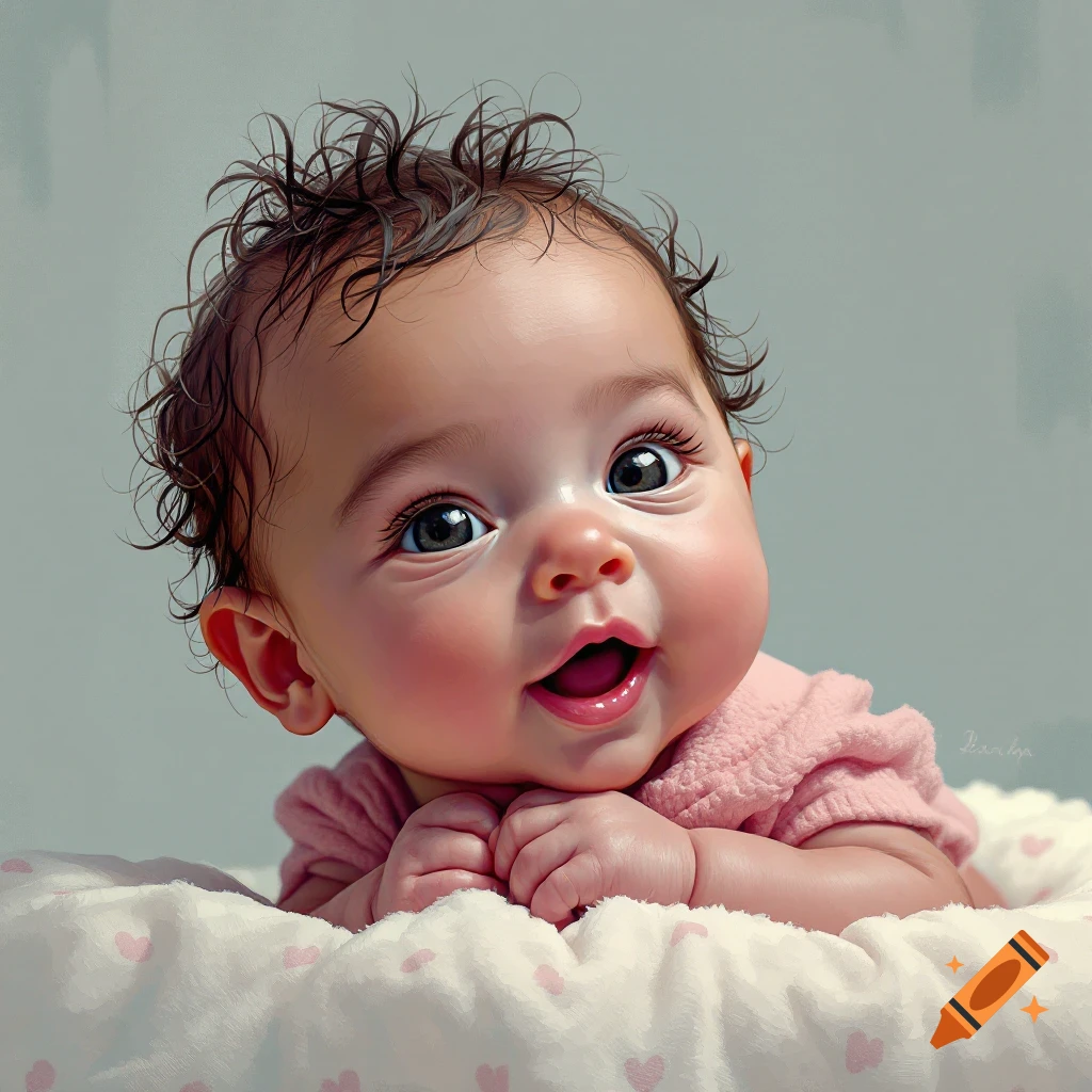A smiling baby on a blanket.
