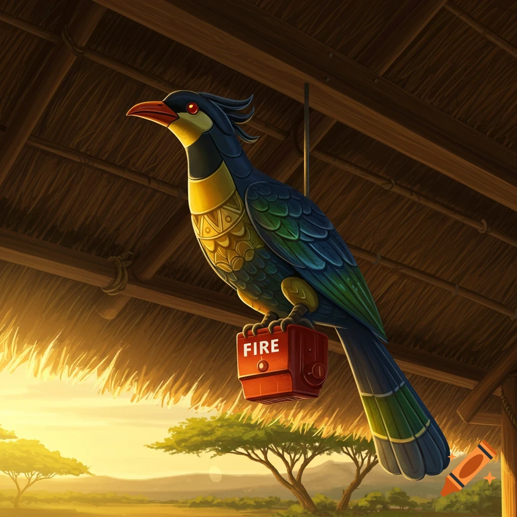 A stylized bird is perched on a red fire alarm under a thatched roof, with an African savanna landscape in the background.