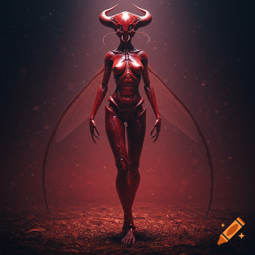 A red insect-like creature with horns and wings stands in a dark environment.