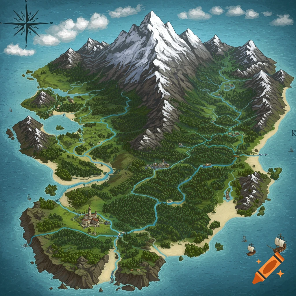An isometric fantasy map of a mountainous island with forests, rivers, a castle, settlements, and ships.