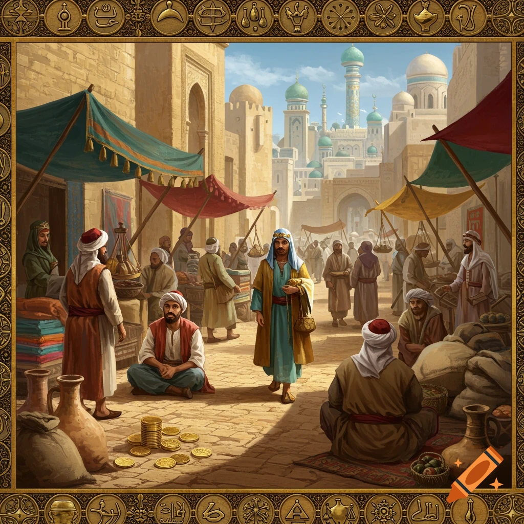 A busy historical market street is filled with people, stalls, buildings, and distant minarets.