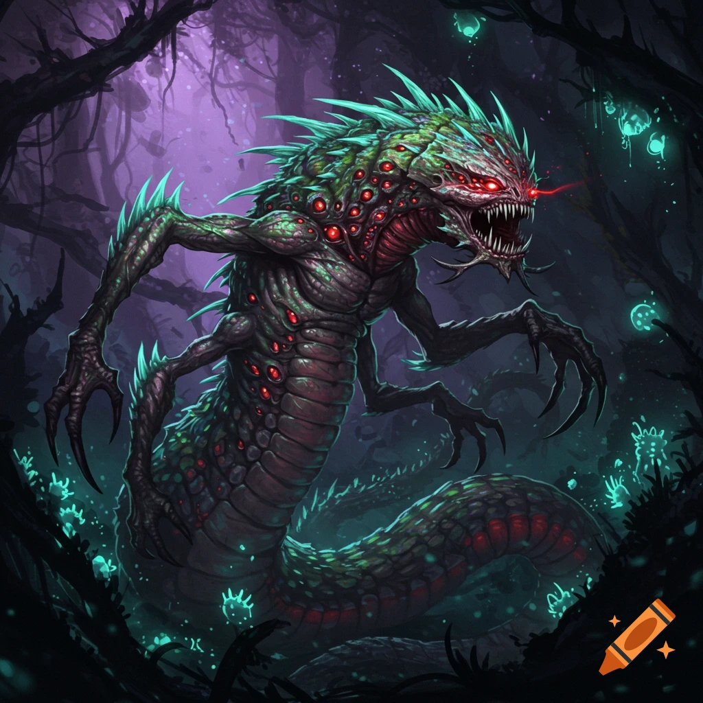A multi-legged green monster with many red eyes in a dark, glowing swamp.