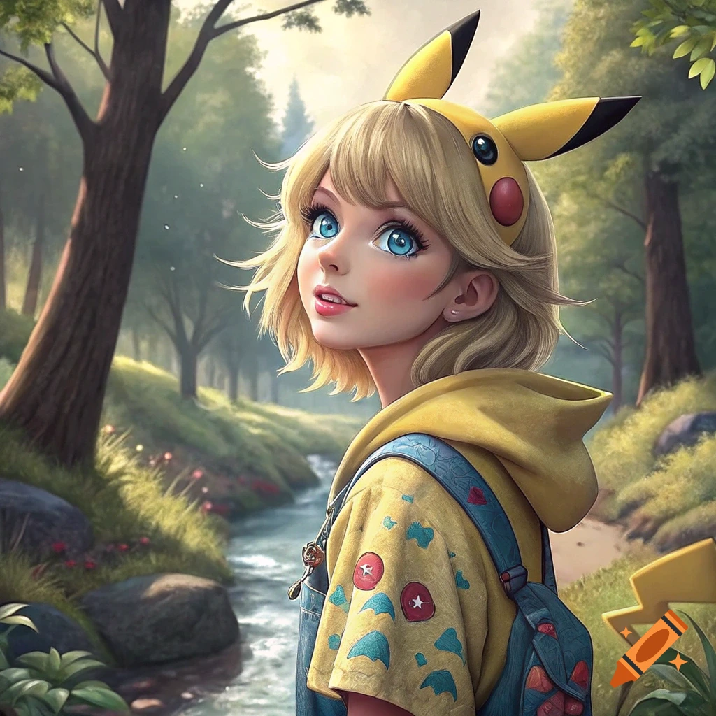 Anime girl with Pikachu ears and jacket standing by a stream in a forest.