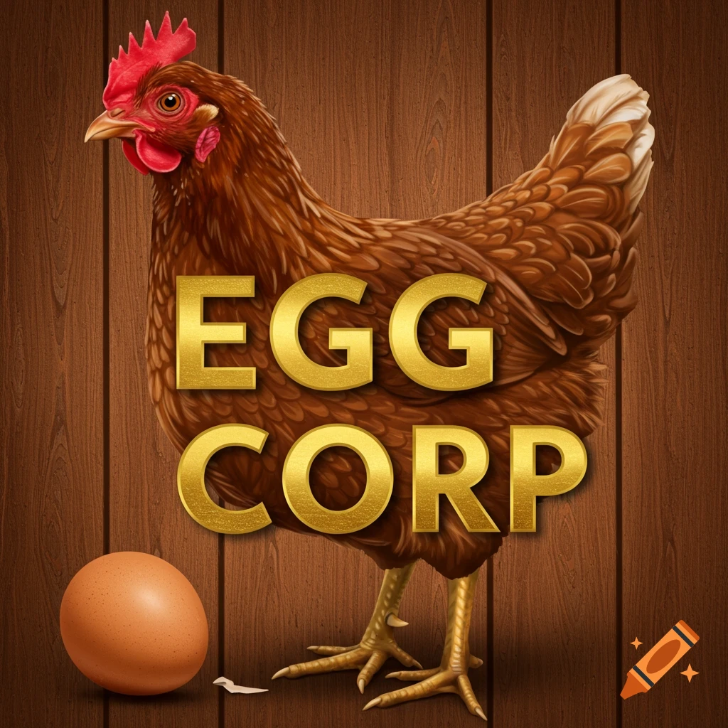 Egg Corp logo with live chicken on wood background on Craiyon