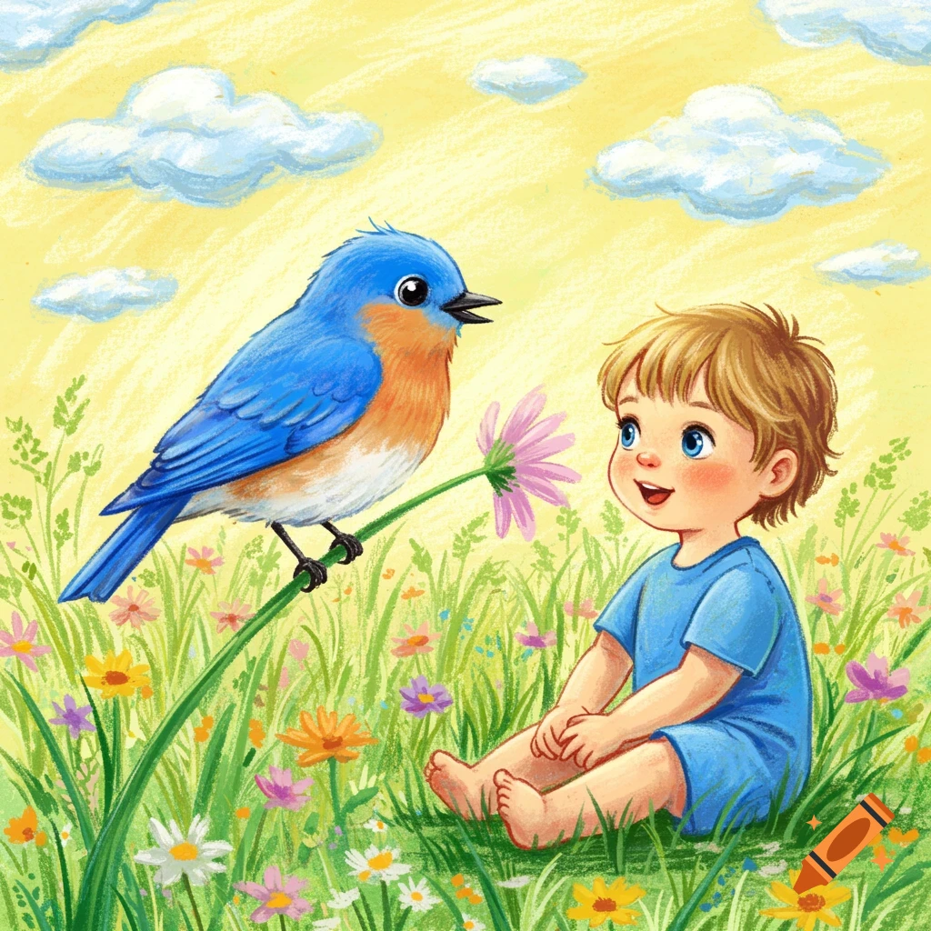 Crayon drawing of a child sitting in a field of wildflowers, looking at a bluebird perched on a stem.