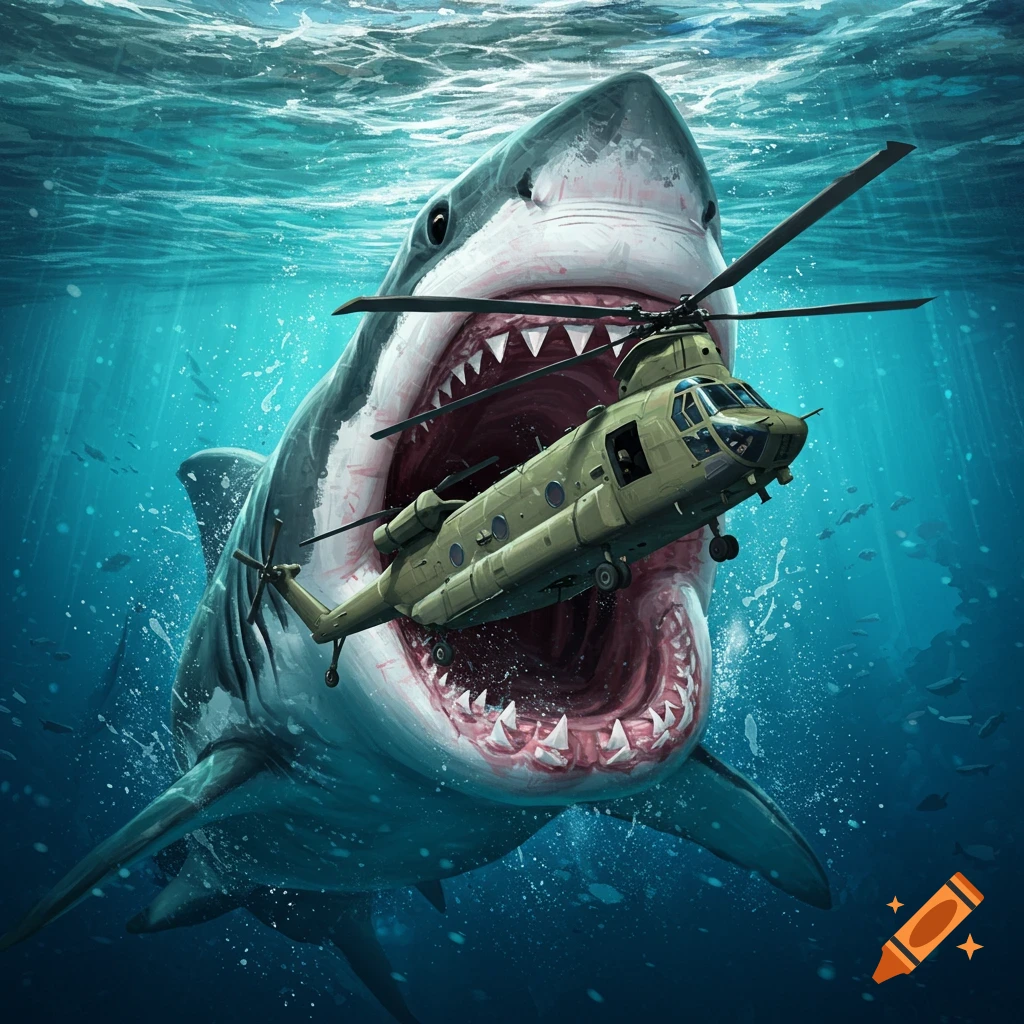 A giant great white shark underwater, swallowing a large green Chinook helicopter.