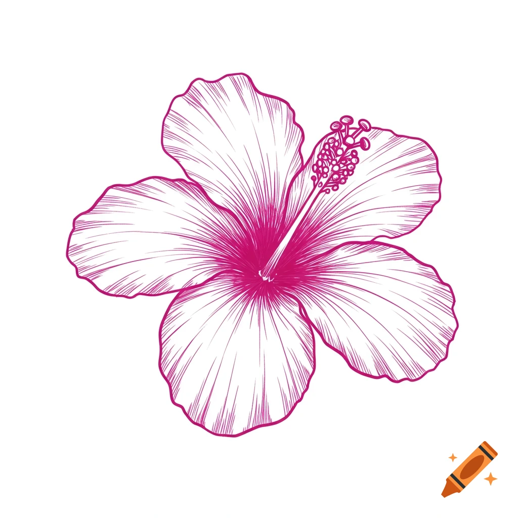 Delicate fuchsia line drawing of a single hibiscus flower.