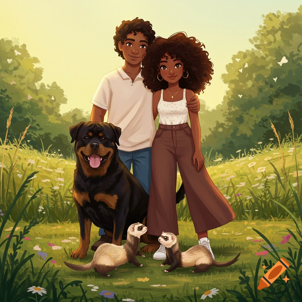 A couple with a Rottweiler and two ferrets in a sunny field.