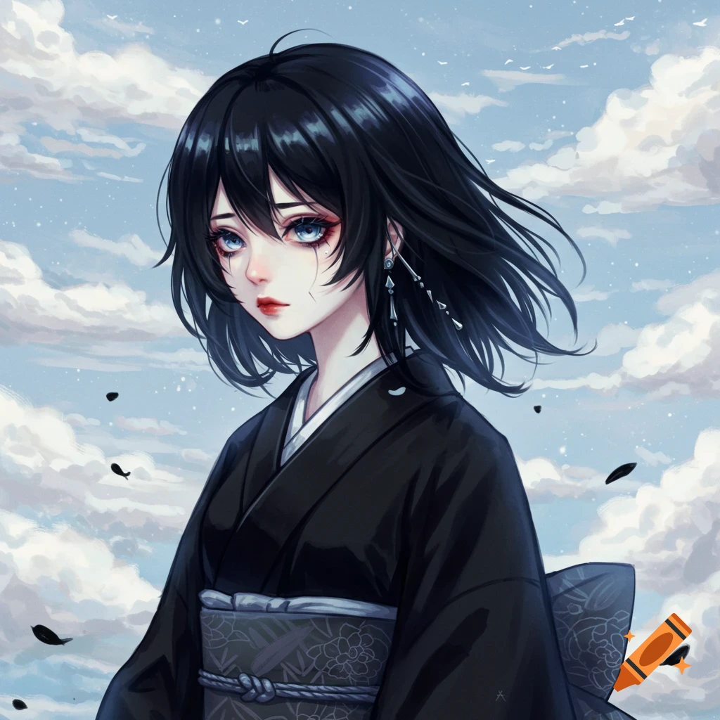 An anime girl with black hair and blue eyes in a black kimono, standing against a cloudy sky.