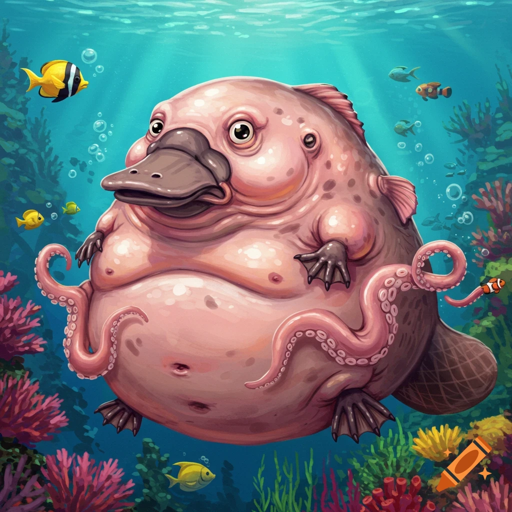 A strange pink creature with a platypus bill, octopus tentacles, fish fins, and a fat blobfish-like body floats underwater among coral.