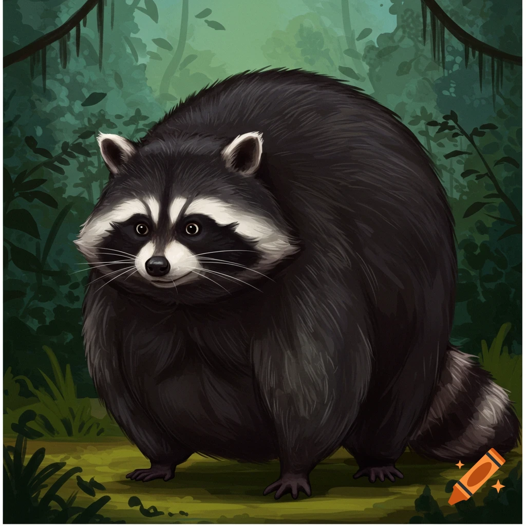 A monstrously fat raccoon stands in a lush forest clearing.