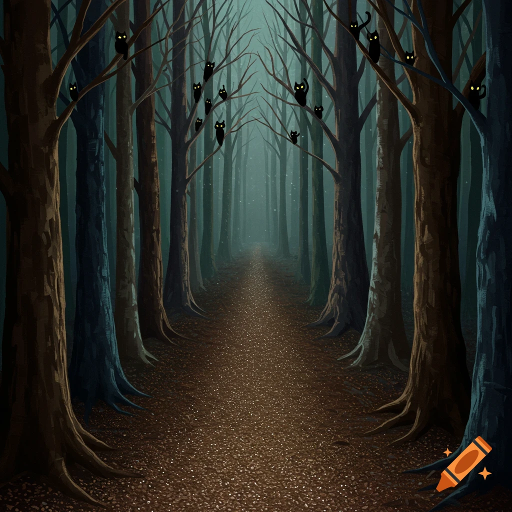 A dark, eerie forest path lined with trees where many black cats with glowing eyes perch on the branches.