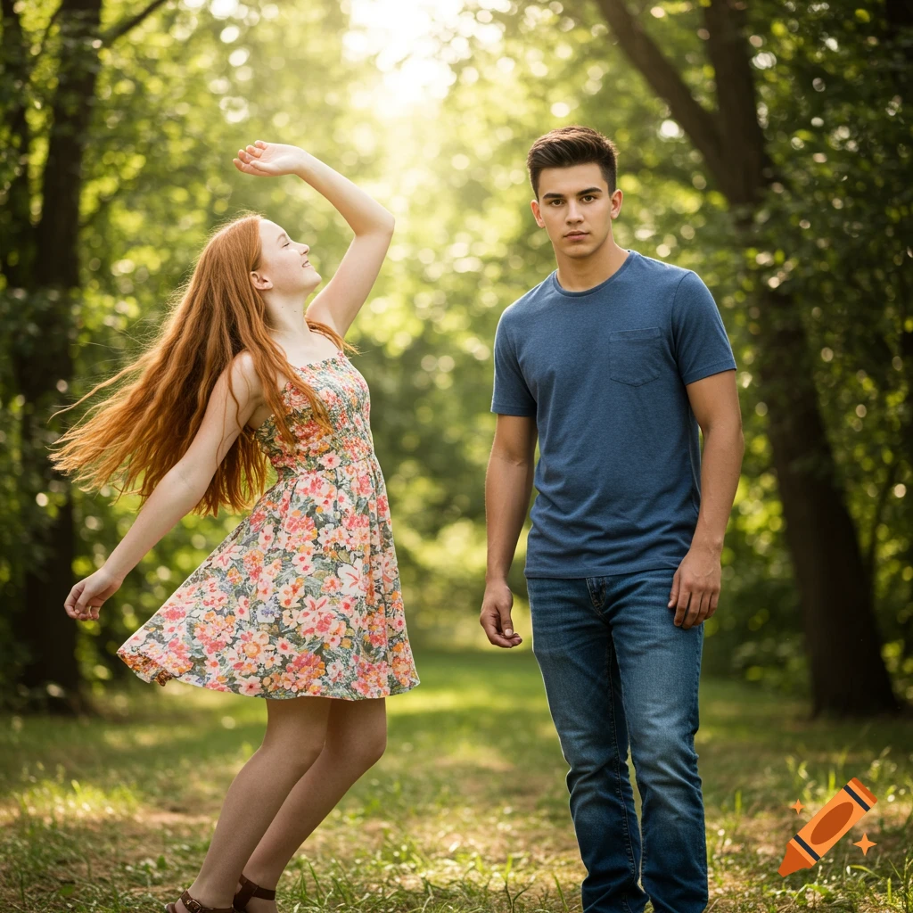 Young woman dancing in a floral dress and young man standing in a sunny park.