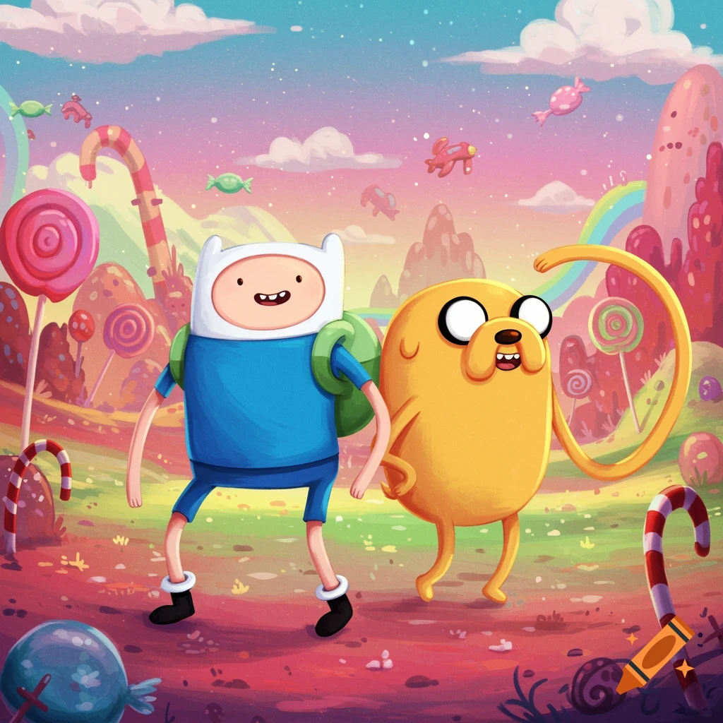 Finn and Jake in a vibrant, candy-filled landscape with lollipop trees and candy clouds.