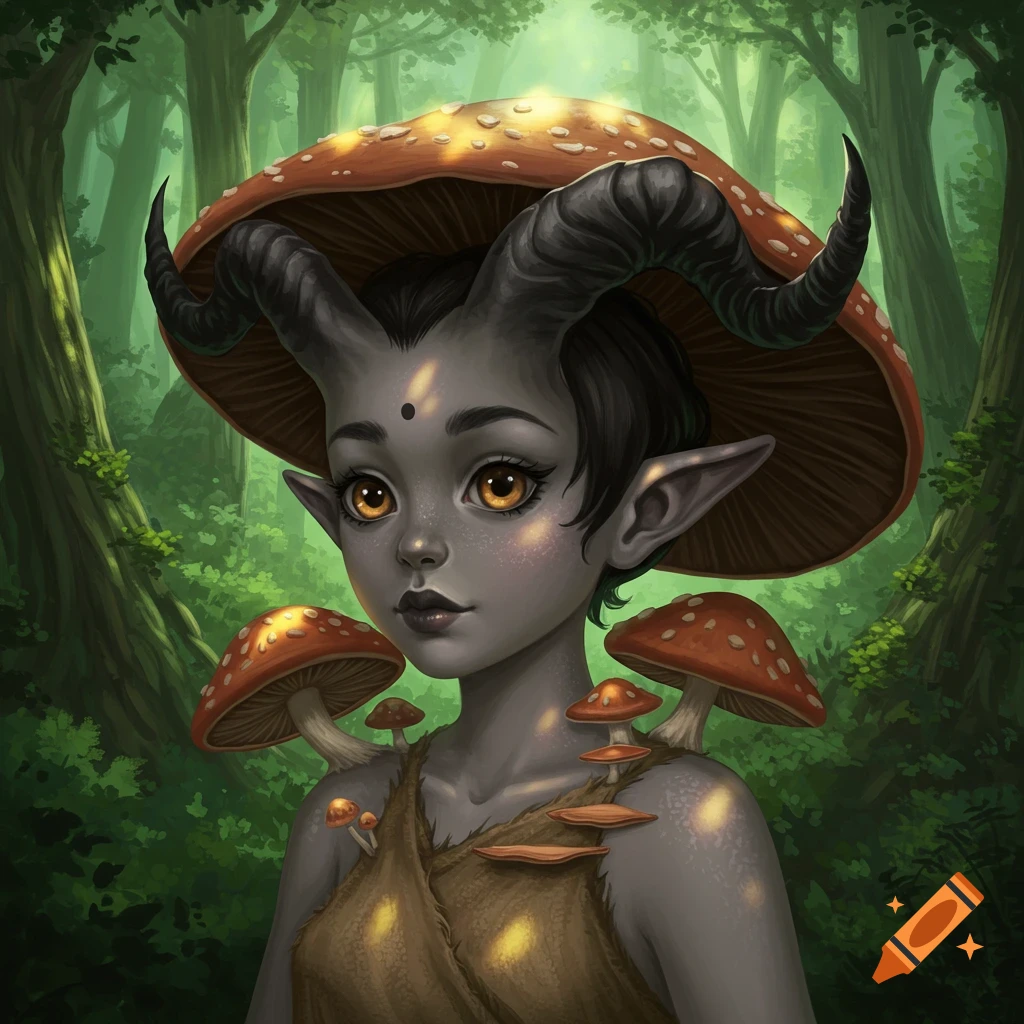 A mushroom tiefling girl with horns and mushroom cap in a forest