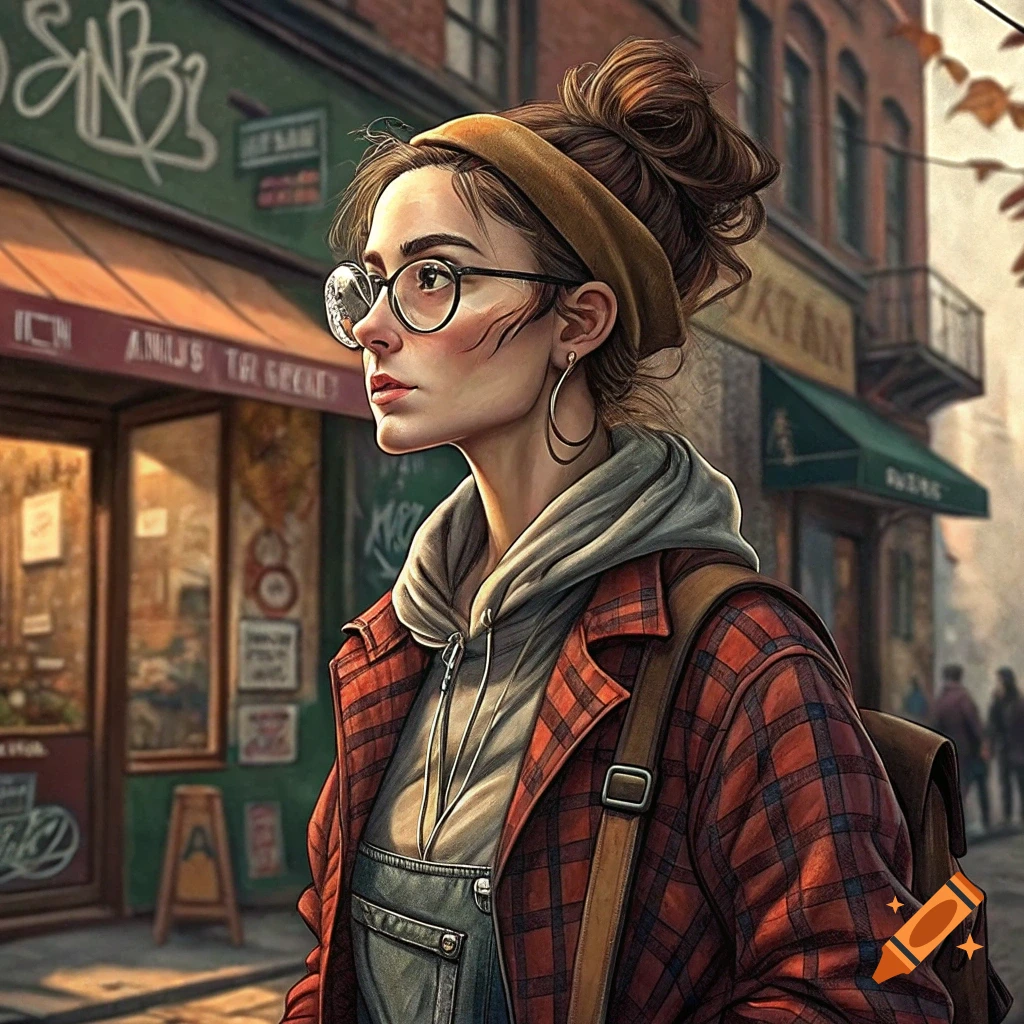 Illustration of a young woman with glasses, headband, plaid jacket, and backpack walking on a city street.