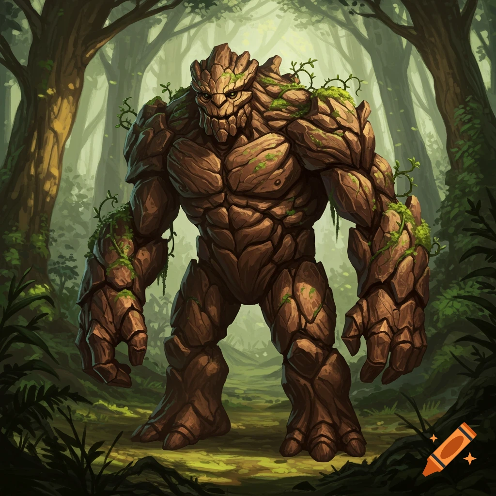 A large fantasy creature made of rock and vines stands in a forest.