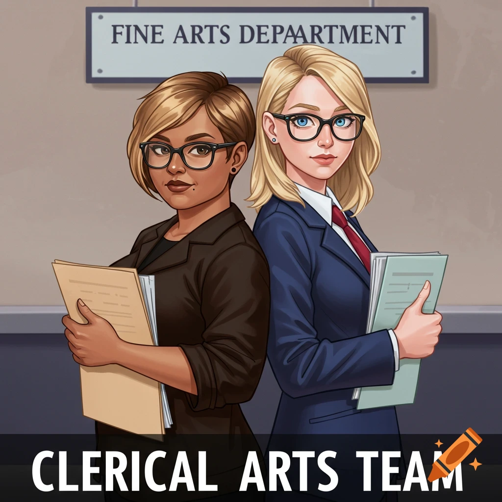 Illustration of two women in business attire holding documents, standing back-to-back, in front of a sign and text.