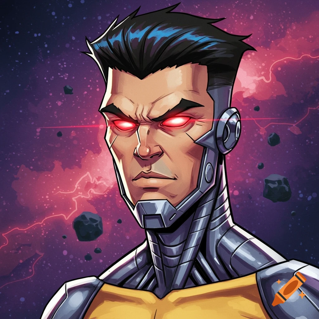 Comic book style portrait of a man with cyborg implants and glowing red eyes against a cosmic background.