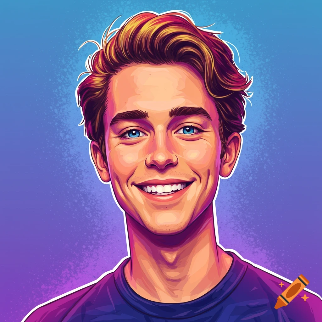 Portrait of a young man with blond hair and blue eyes smiling against a purple and blue background.