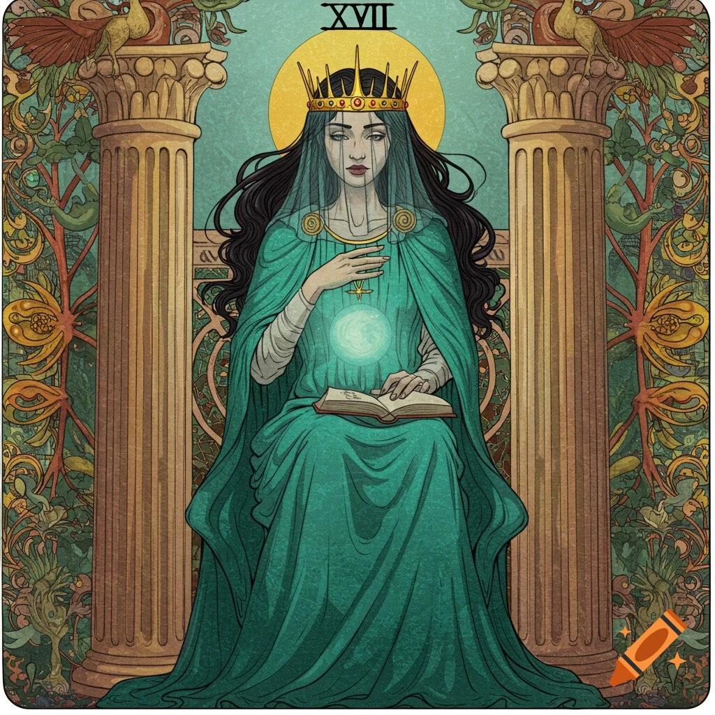 Illustration of a robed figure on a throne holding a book and glowing orb, with columns and ornate background, styled like a tarot card with the Roman numeral XVII.