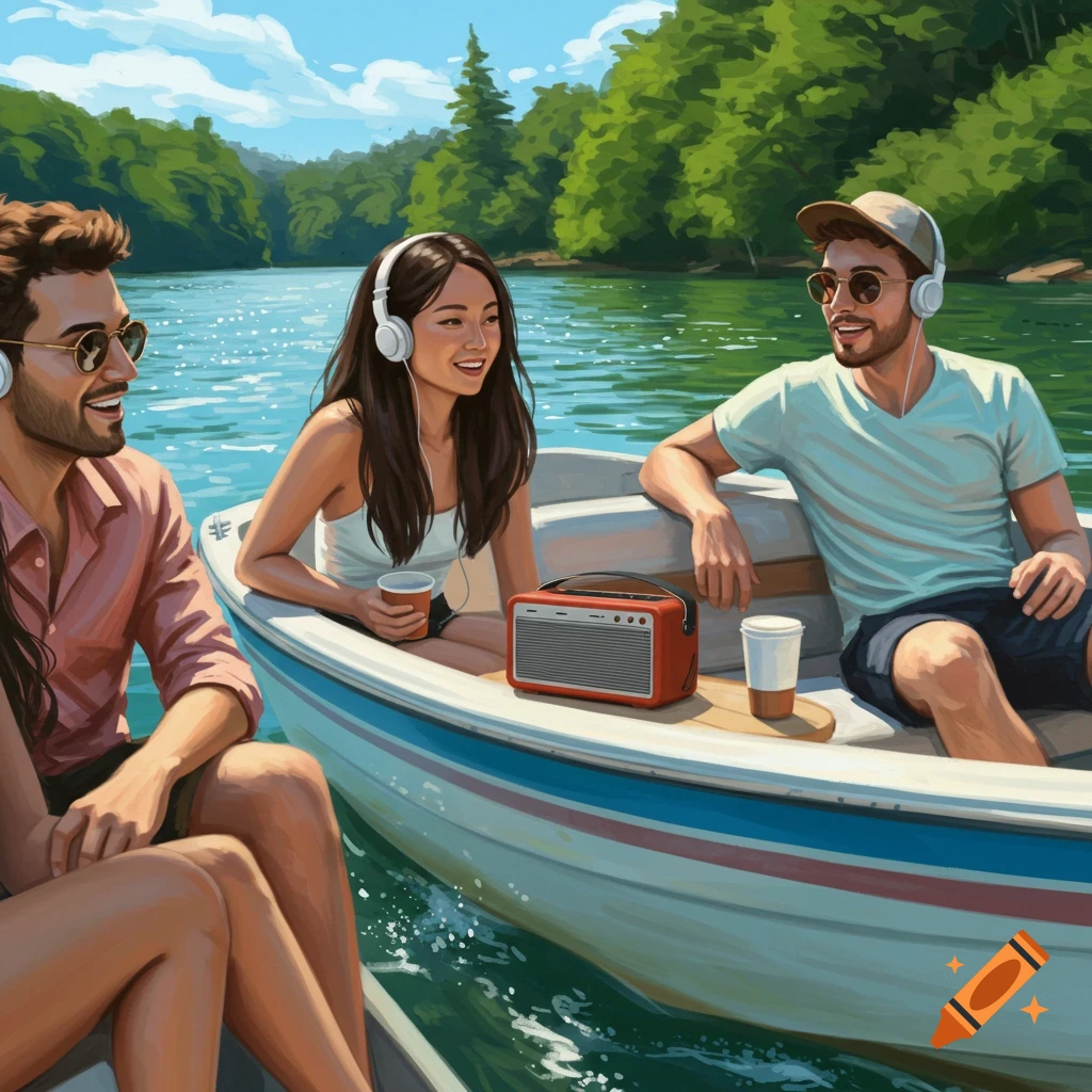 Three friends listening to music on a boat on a lake.