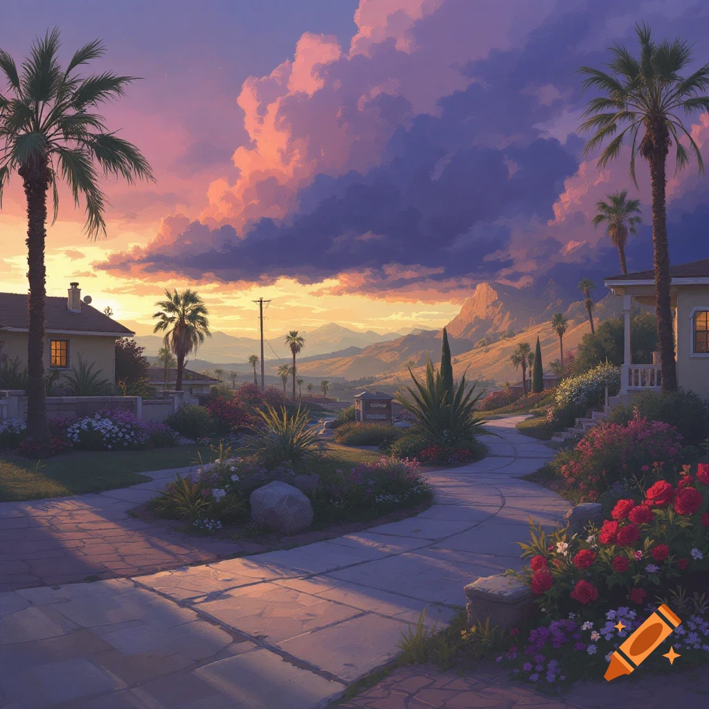 A suburban landscape at sunset features palm trees, houses, and a garden path.