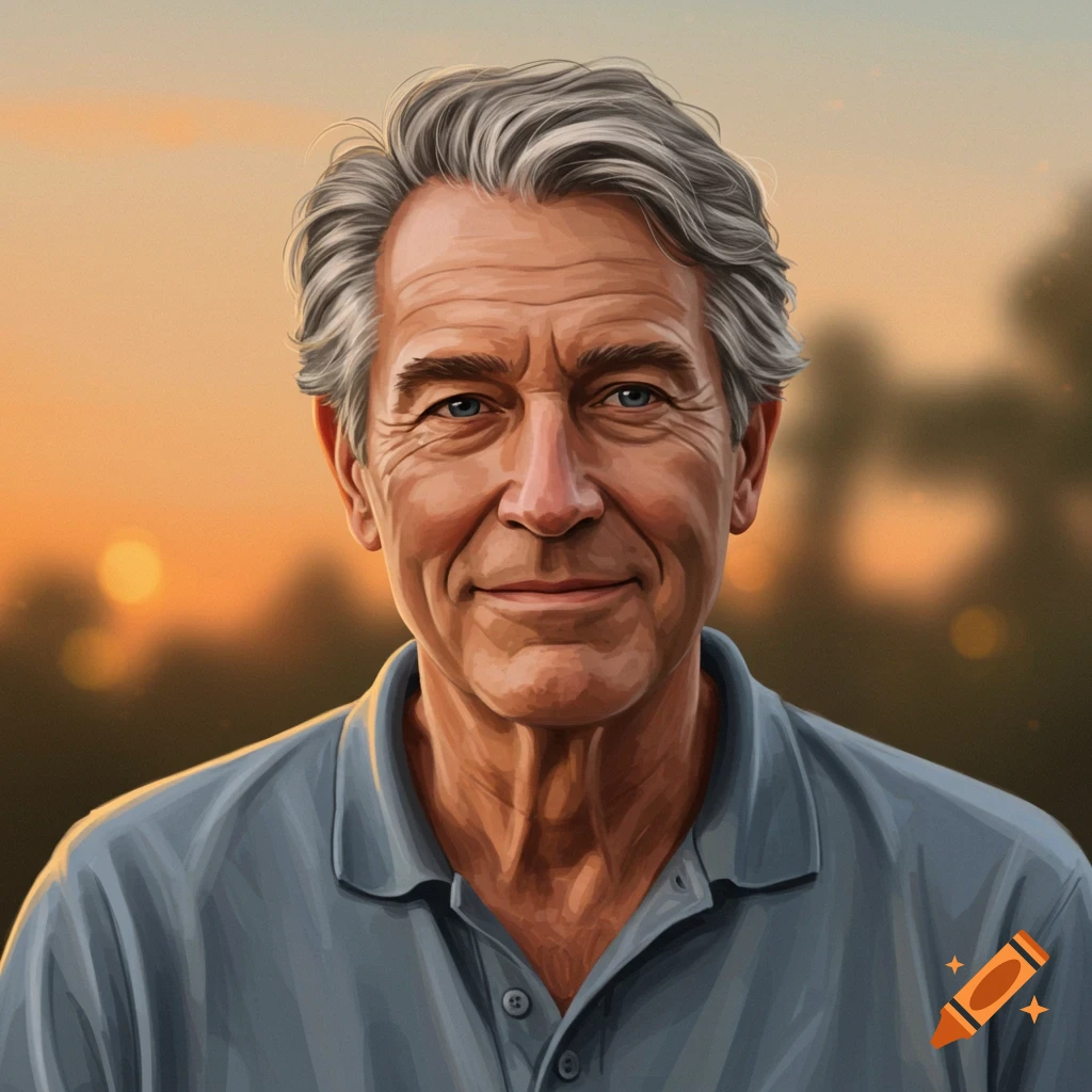Portrait of an older man smiling with grey hair, wearing a blue polo shirt, against an orange sunset background.