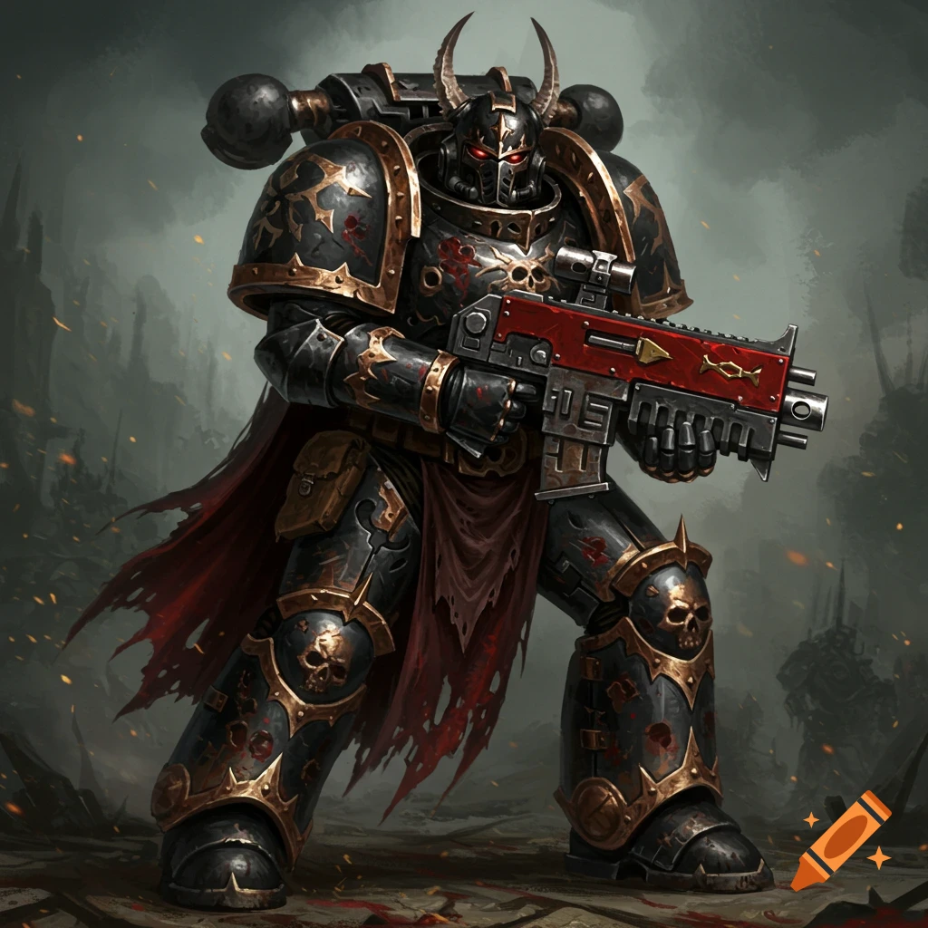 A Chaos Space Marine in black and gold armor with a rifle in a ruined landscape.