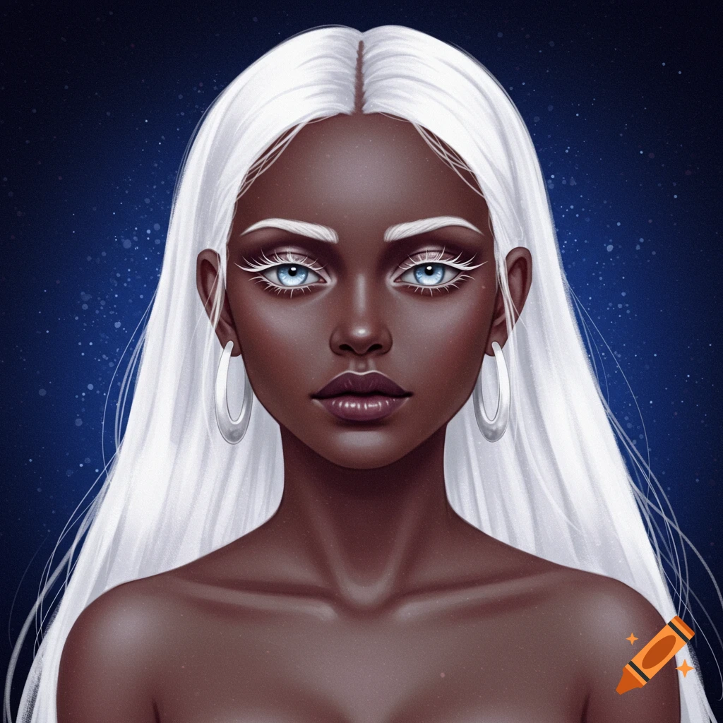 A portrait of a woman with dark skin, white hair, blue eyes, and hoop earrings, against a starry background.