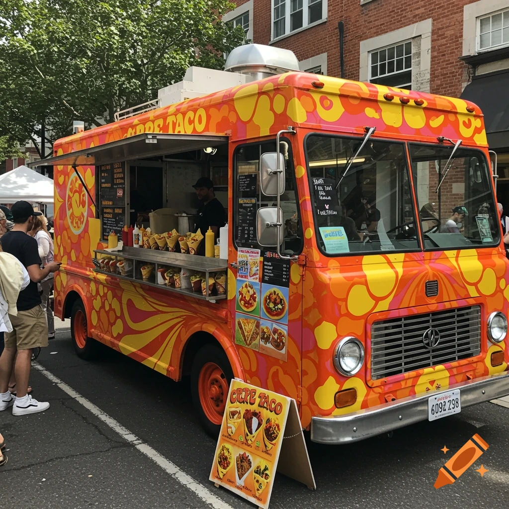 A colorful food truck with a vintage 70s design selling crepes and tacos on a street.