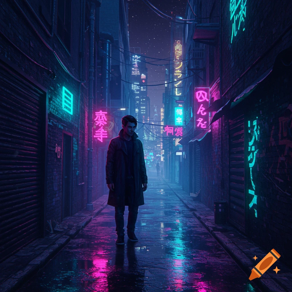 A man stands in a dark, wet alleyway at night, lit by colorful neon signs in a cyberpunk style.